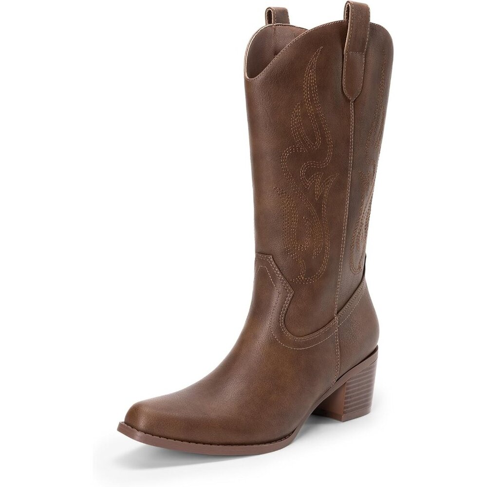 Women's Brown-pu Faux Suede Square Toe Cowboy Mid Calf Western Boots 15 Inches